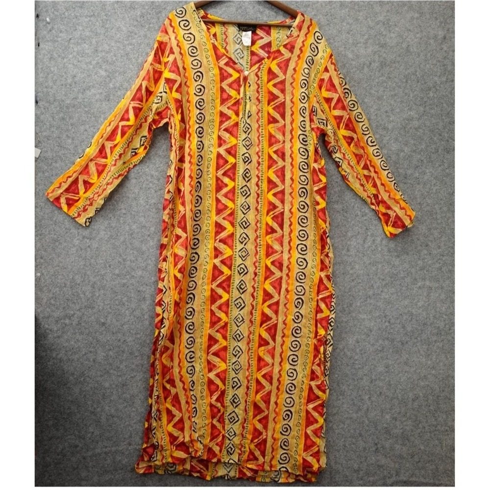 Vintage Kaftan Dress Womens XL Yellow Shift Psychedelic Aztec DIAHANN CARROLL